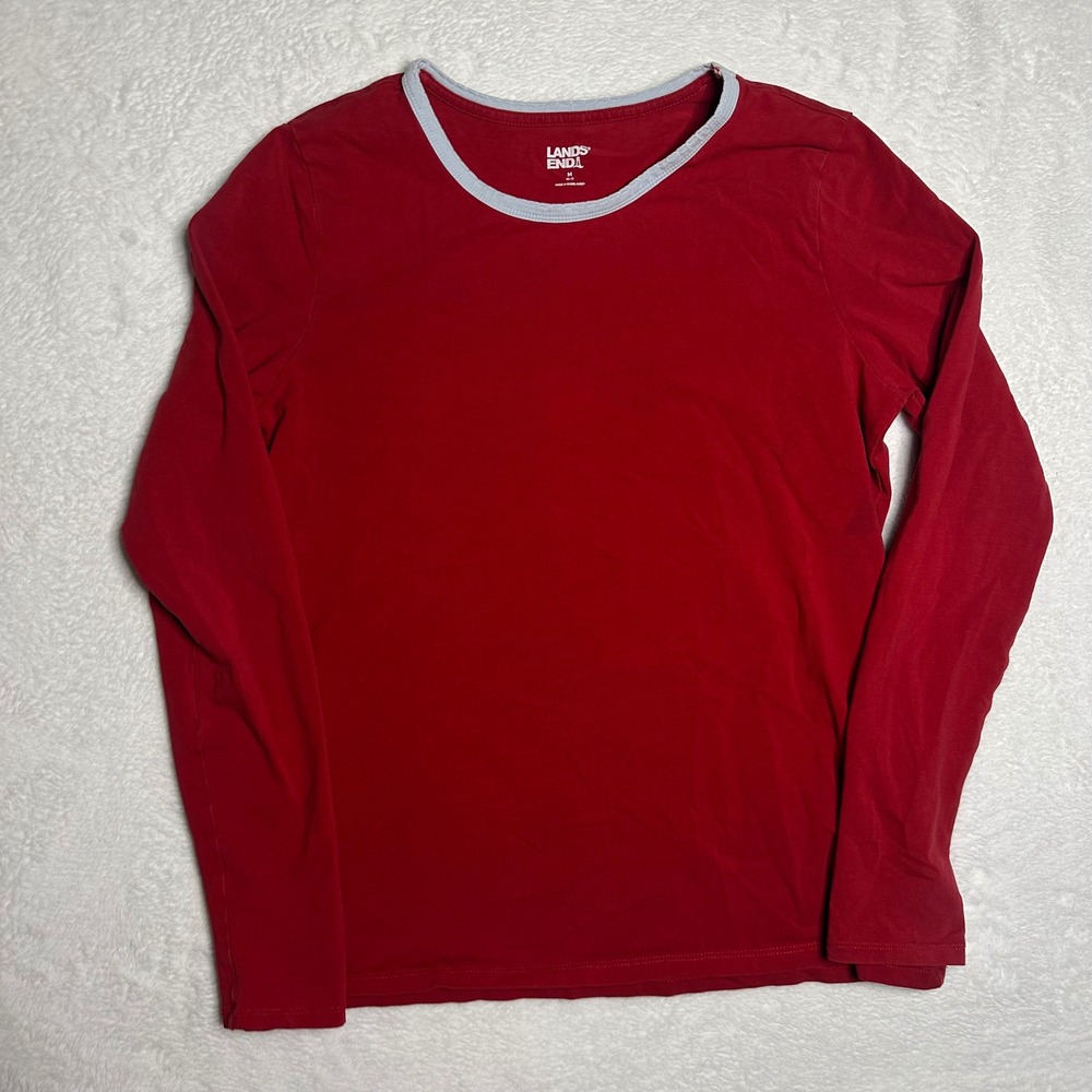 Lands' End Womens Red Long Sleeve Ringer Tee Contrast Crew Neck Top Size M Retro